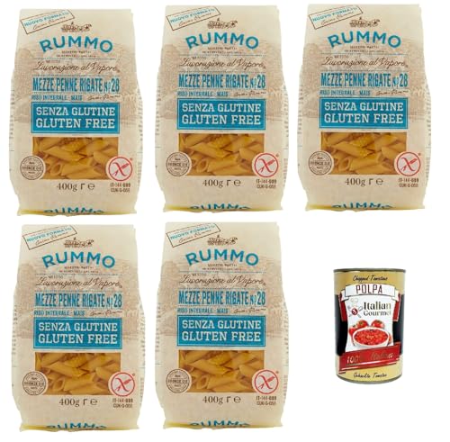 Rummo Pasta Nudeln Glutenfreie Mezze Penne Rigate N° 28, Bronze Gezeichnete gluteinfrei, perfekt für Menschen mit Zöliakie oder Glutenunverträglichkeit, 5x 400 g + Italian Gourmet polpa 400g von Italian Gourmet E.R.