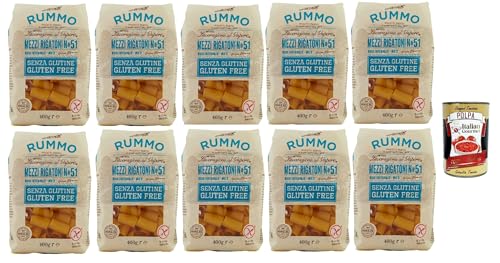 Rummo Pasta Nudeln Glutenfreie Mezzi Rigatoni N° 51, Bronze Gezeichnete gluteinfrei, perfekt für Menschen mit Zöliakie oder Glutenunverträglichkeit, 10x 400 g + Italian Gourmet polpa 400g von Italian Gourmet E.R.