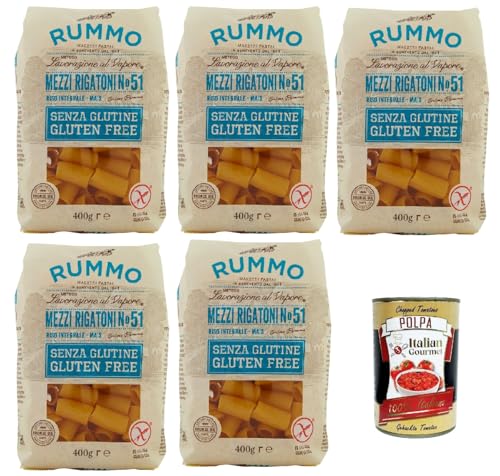 Rummo Pasta Nudeln Glutenfreie Mezzi Rigatoni N° 51, Bronze Gezeichnete gluteinfrei, perfekt für Menschen mit Zöliakie oder Glutenunverträglichkeit, 5x 400 g + Italian Gourmet polpa 400g von Italian Gourmet E.R.