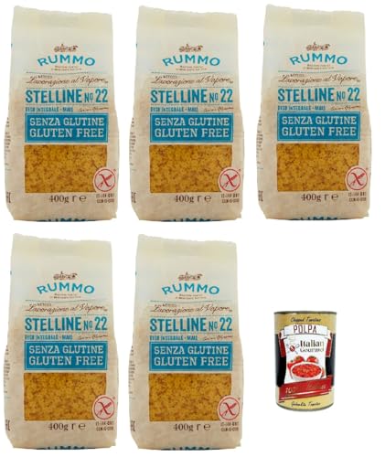 Rummo Pasta Nudeln Glutenfreie Stelline N° 22, Bronze Gezeichnete gluteinfrei, perfekt für Menschen mit Zöliakie oder Glutenunverträglichkeit, 5x 400 g + Italian Gourmet polpa 400g von Italian Gourmet E.R.