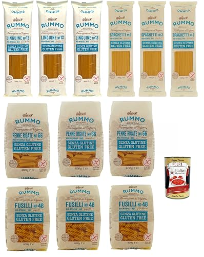 Rummo Pasta Nudeln Glutenfreie Testpaket, Bronze Gezeichnete gluteinfrei, perfekt für Menschen mit Zöliakie oder Glutenunverträglichkeit, 12x 400 g + Italian Gourmet polpa 400g von Italian Gourmet E.R.