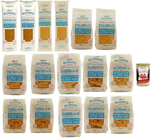 Rummo Pasta Nudeln Glutenfreie Testpaket, Bronze Gezeichnete gluteinfrei, perfekt für Menschen mit Zöliakie oder Glutenunverträglichkeit, 16x 400 g + Italian Gourmet polpa 400g von Italian Gourmet E.R.