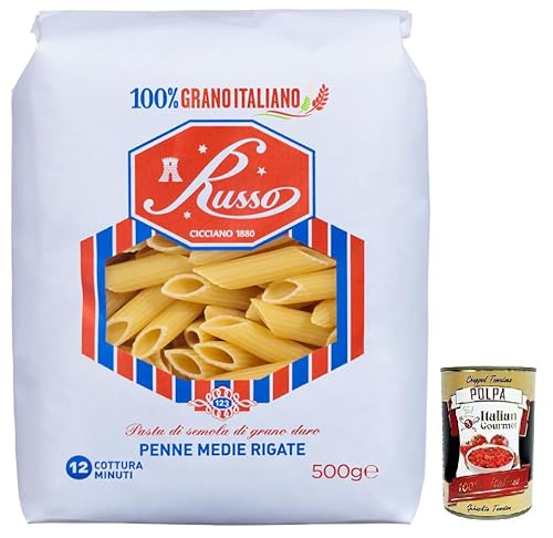 Russo Penne Medie Rigate N°123 Hartweizengrieß Pasta,100% Italienischer Weizen,500g-Packung + Italian Gourmet Polpa di Pomodoro 400g Dose von Italian Gourmet E.R.