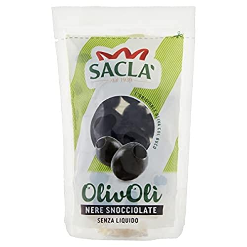 Saclà OlivOli Olive Nere Snocciolate Entsteinte Schwarze Oliven Ohne Flüssigkeit Ideal für Aperitifs, Salate und zum Anreichern Ihrer Gerichte 75g Beutel von Italian Gourmet E.R.