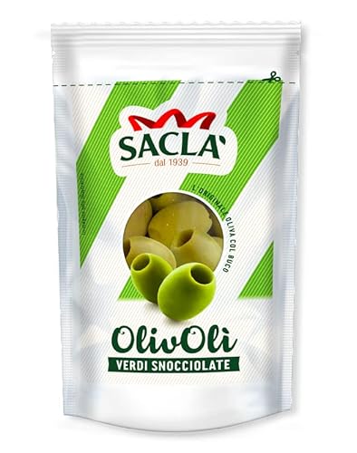 Saclà OlivOli Olive Verdi Snocciolate Entkernte Grüne Oliven Ideal für Aperitifs, Salate und zum Anreichern Ihrer Gerichte 185g Beutel (85g Abgetropft) von Italian Gourmet E.R.