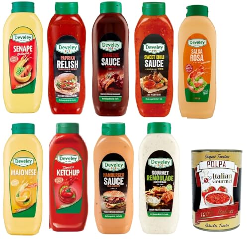 Salse Souce Tespaket Senape, Paprika Relish,Barbecue,Sweet Chili,Rosa Soße,Mayonese,Ketchup,hamburger,Gourmet Remoulade 8x875ml 1x 856ml+ Italian Gourmet polpa 400g von Italian Gourmet E.R.