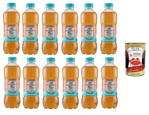 San Benedetto Thè Deteinato Pesca 12x 500ml, entkoffeiniert Eistee The' Pfirsch PET Einweg, ice tea erfrischend, Ohne Konservierungsstoffe und künstliche Farbstoffe + Italian Gourmet polpa 400g von Italian Gourmet E.R.