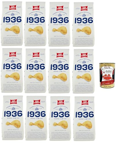 San Carlo 1936 Patatine Antica Ricetta Arricciate e Croccanti Rinomata Rosticceria - Senza Glutine, Kartoffel Chips, altes Rezept, gluten frei, 12x 150g + Italian Gourmet polpa 400g von Italian Gourmet E.R.