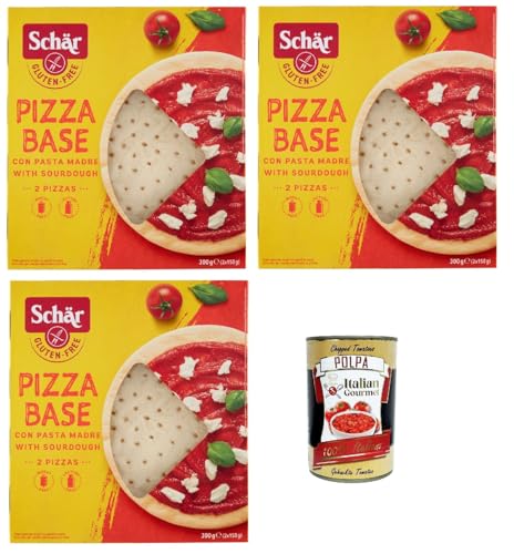 Schär, Pizza Base con Pasta Madre, Fondo Pizza da Farcire Senza Glutine, Pizza -Basis mit Sauerteig, Pizzaboden, um Gluten ausgestopft zu sein, vegan, 3x 300g + Italian Gourmet polpa 400g von Italian Gourmet E.R.