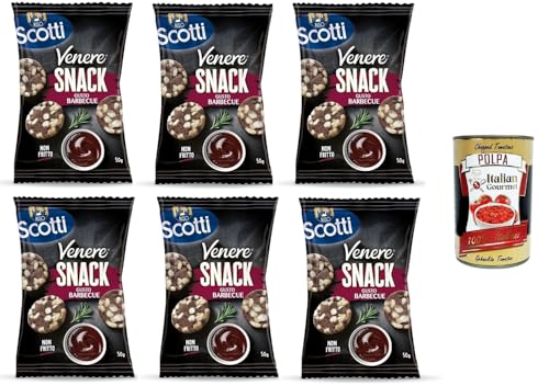 Scotti Rice Snack Venere Barbecue, brauner Reis, knuspriger und leckerer, nicht frittierter Snack für Pausen und Aperitifs, glutenfrei, 100% pflanzlich, 6x 50 g+ Italian Gourmet polpa 400g von Italian Gourmet E.R.