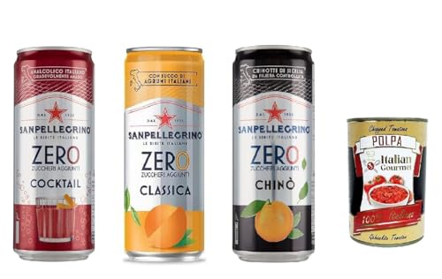 Testpaket 72x San Pellegrino Chinotto zero, cocktail zero und aranciata zero Ingwer Zero dosen ohne Zucker 33cl Aperitivo Softdrink ohne Alkohol ohne Zucker + italian gourmet polpa 400g von Italian Gourmet E.R.