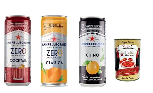 Testpaket 72x San Pellegrino cocktail - aranciata zero Ingwer Zero dosen ohne Zucker 33cl Aperitivo Softdrink ohne Alkohol ohne Zucker und Chinotto + italian gourmet polpa 400g von Italian Gourmet E.R.