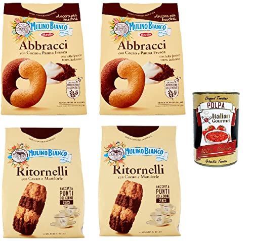 Testpaket Mulino Bianco Abbracci und Ritornelli Shortbread-Kekse mit Kakao und frischer Sahne, ohne Palmöl, geschmacksintensives Frühstück 4x 700 g + Italian gourmet polpa 400g von Italian Gourmet E.R.