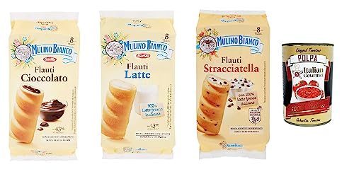 Testpaket Mulino Bianco Flauti , Snacks mit Schokolade, Stracciatella und Milch kuchen süßer Snack für zwischendurch 3x 280 gr + Italian Gourmet polpa 400g von Italian Gourmet E.R.