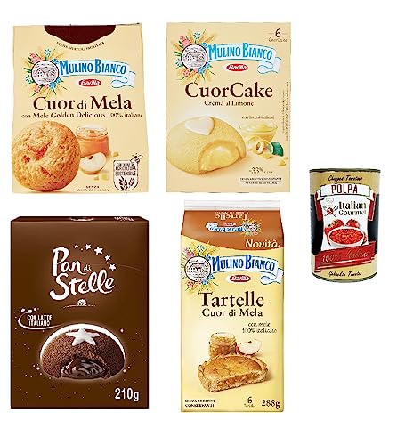 Testpaket Mulino Bianco kekse Cuor di mela Cuorcake Mooncake Tartelle 4 Stücke kuchen biscuits + Italian gourmet polpa 400g von Italian Gourmet E.R.