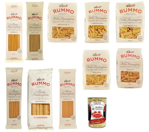 Testpaket Rummo Mezzi rigatoni Farfalle Fusilli Mafaldine Hartweizengrieß Pasta Italienische Nudeln 10x 500g Packung + Italian Gourmet Polpa di Pomodoro 400g Dose von Italian Gourmet E.R.