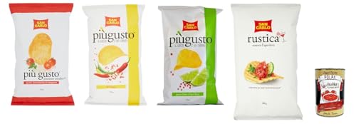 Testpaket San Carlo Più Gusto Patatine, Paprika + Limette und rosa Pfeffer + Kirschtomaten - Kartoffelchips Chips, 3x150g + Rustica 1x300g Beutel + Italian Gourmet polpa 400g von Italian Gourmet E.R.