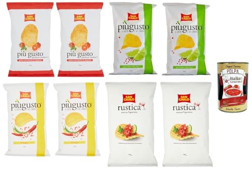 Testpaket San Carlo Più Gusto Patatine, Paprika + Limette und rosa Pfeffer + Kirschtomaten - Kartoffelchips Chips, 6x 150g + Rustica 2x 300g Beutel + Italian Gourmet polpa 400g von Italian Gourmet E.R.