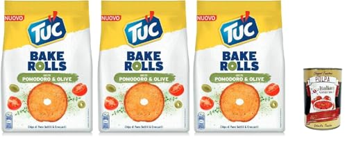 Tuc Bake Rolls, Chips di Pane Sottile e Croccante gusto Pomodoro e Olive, Im Ofen gebackene, dünne und knusprige Tomate und Oliven Brotchips 3x 150 g + Italian Gourmet polpa 400g von Italian Gourmet E.R.