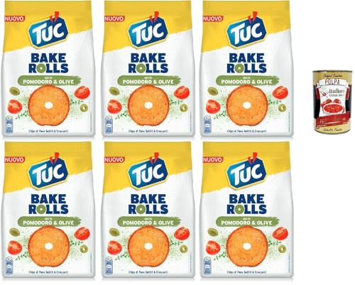 Tuc Bake Rolls, Chips di Pane Sottile e Croccante gusto Pomodoro e Olive, Im Ofen gebackene, dünne und knusprige Tomate und Oliven Brotchips 6x 150 g + Italian Gourmet polpa 400g von Italian Gourmet E.R.