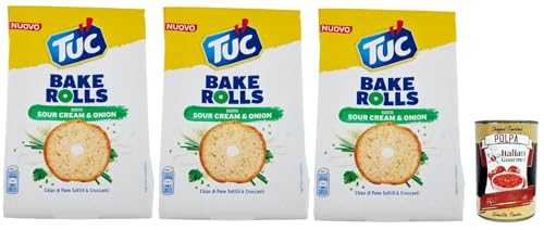 Tuc Bake Rolls, Chips di Pane Sottile e Croccante gusto Sour Cream & Onion, Im Ofen gebackene, dünne und knusprige Sauerrahm und Zwiebel Brotchips 3x 150 g + Italian Gourmet polpa 400g von Italian Gourmet E.R.