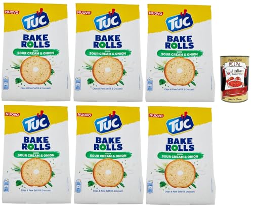 Tuc Bake Rolls, Chips di Pane Sottile e Croccante gusto Sour Cream & Onion, Im Ofen gebackene, dünne und knusprige Sauerrahm und Zwiebel Brotchips 6x 150 g + Italian Gourmet polpa 400g von Italian Gourmet E.R.