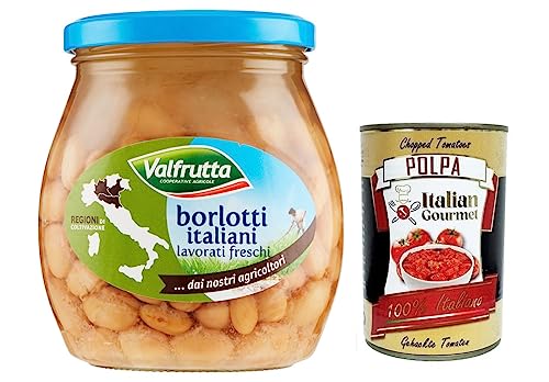 Valfrutta Fagioli Borlotti,Italienische Borlotti-Bohnen,Hülsenfrucht Gemüse Gekochte Bohnen,Glas 570g + Italian Gourmet Polpa di Pomodoro 400g Dose von Italian Gourmet E.R.