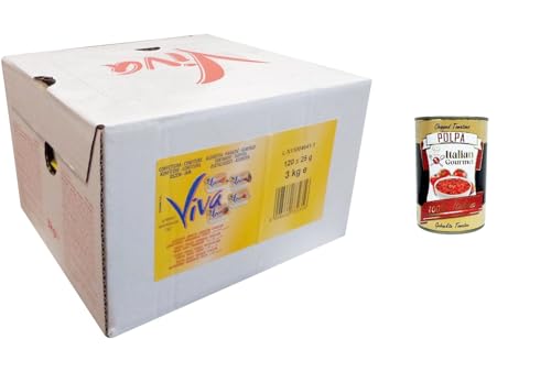 Viva Confettura Assortita monodose Pesca, Fragola, Ciliagia e Albicocca Verschiedene Einzeldosis-Konfitüren aus Pfirsich, Erdbeere, Kirsche und Aprikose, 120 x 25 g + Italian Gourmet polpa 400g von Italian Gourmet E.R.