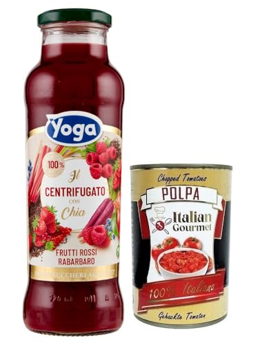 Yoga il Centrifugato con Chia,Fruchtkonzentrat mit Chia, Roten Früchten und Rhabarber,Fruchtsaft Ohne Zuckerzusatz,680ml Glasflasche + Italian Gourmet Polpa di Pomodoro 400g Dose von Italian Gourmet E.R.