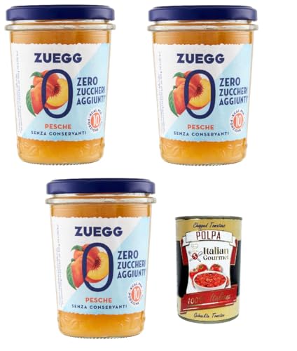 Zuegg Zero Pesche Pfirsiche Marmelade Jam Ohne Zuckerzusatz,Frei von Konservierungsstoffen 3x 220g Glas + Italian Gourmet Polpa di Pomodoro 400g Dose von Italian Gourmet E.R.