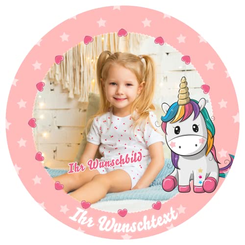 J&M DECO Personalisiert Tortenaufleger PREMIUM Einhorn Motiv Essbare Wunschfoto und Wunschtext-selbst gestalten Fondant Rund Ø20CM von J&M DECO