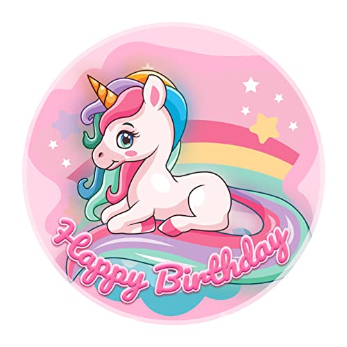 J&M DECO Tortenaufleger Geburtstag - Tortendeko Einhorn Mädchen - Geburtstagskuchen Deko aus Fondant - Rund 20 cm - Esspapier Tortendeko - Tortenaufleger Einhorn - Cake Decoration von J&M DECO