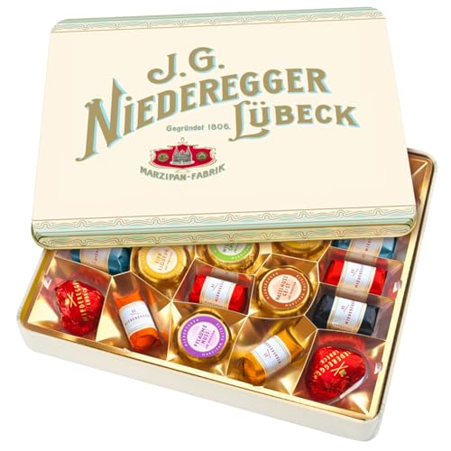 Niederegger | Pralinen Marzipan Zartbitterschokolade und Milch | Marzipan mit Schokoladenüberzug | Mit Marzipan gefüllte Metalldose-Pralinen - 298 Gr von J.G. NIEDEREGGER LUBECK