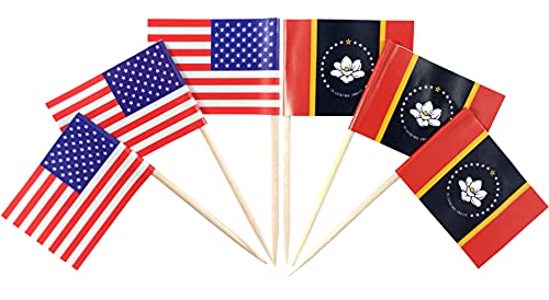 JBCD Mississippi Zahnstocher-Flagge, klein, Mini-Cupcake-Flaggen, 100 Stück USA und 100 Stück New Mississippi von JBCD