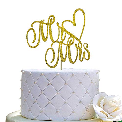 Tortenaufsatz mit Aufschrift "Mr and Mrs", Braut- und Bräutigam, für Hochzeit, Verlobung, doppelseitig, Goldglitzer von JIEEIN