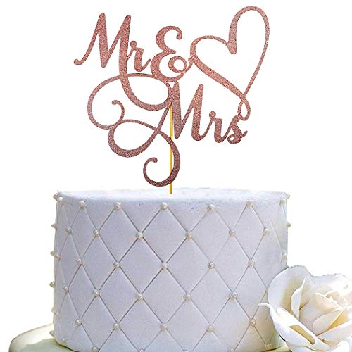 Tortenaufsatz mit Aufschrift "Mr and Mrs", für Hochzeit, Verlobung, Kuchendekoration, doppelseitig, Rotgold, Glitzer von JIEEIN