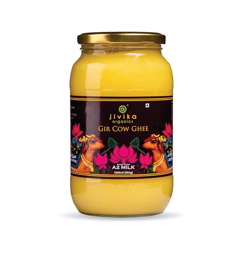 Jivika Naturals® Pure & 100% Desi A2 Gir Cow Ghee | Vedische Bilona-Methode handgekünnt aus Quark | Gras gefüttert Gir Cow Ghee | Immunity Booster Gesund Natürlich, Premium 1000 ml (Glasflasche Packung mit Ghee 1 Liter) von JIVIKA NATURALS