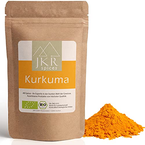 JKR Spices 250g Bio Kurkuma Pulver - Kurkumapulver aus gemahlener Curcuma Wurzel | Gelbwurz gemahlen | hoher Curcumin Kurkumin Gehalt | Ideales Gewürz zum Kochen und Goldene Milch | Biologischer Anbau von JKR Spices