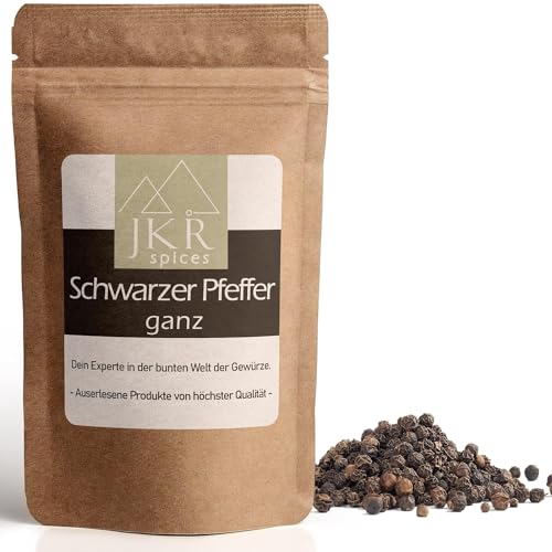 JKR Spices Pfeffer schwarz ganz 1000g | Pfefferkörner schwarz für die Mühle | Pfeffer Ganz im CO² neutralen wiederverschliebaren Standbodenbeutel | Schwarzer Pfeffer von höchster Qualität von JKR Spices