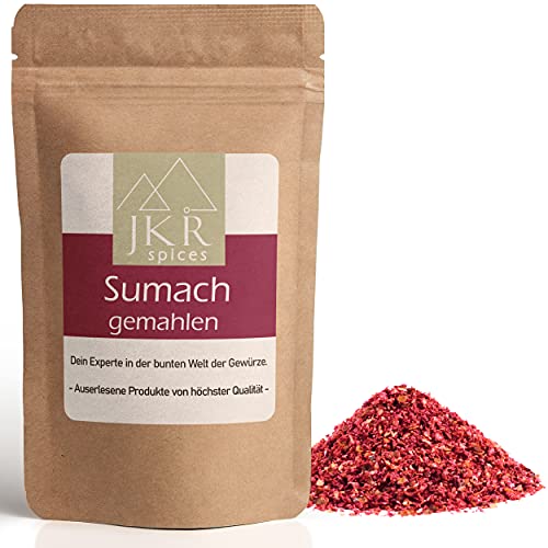 JKR Spices Sumach Pulver - Essigbaumfrucht gemahlen - Sumak Sumac Gewürz | Ideal zum Kochen | Premium Qualität | im wiederverschließbarem Aromaschutzbeutel | ohne Zusätze - 250g von JKR Spices