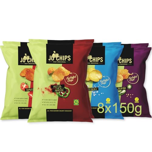 Bauer JO Chips Mixbox Probierset, Party – regionale Kartoffelchips von HEIMART | 8x150g | vegetarisch, vegan, glutenfrei von JO CHIPS