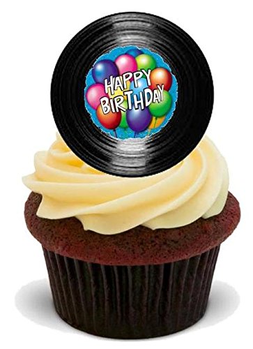 ALLES GUTE ZUM GEBURTSTAG SCHALLPLATTE LUFTBALLONS - 12 essbare hochwertige stehende Waffeln Kuchen Toppers - VINYL HAPPY BIRTHDAY BALLOONS von JPS