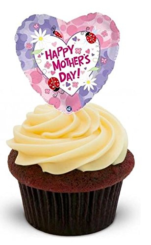 ALLES GUTE ZUM MUTTERTAG HERZFROM LUFTBALLON - 12 essbare hochwertige stehende Waffeln Kuchen Toppers - HAPPY MOTHERS DAY HEART BALLOON von JPS