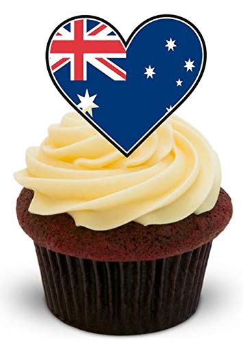 AUSTRALISCHE FAHNE IN HERZFORM - 12 essbare hochwertige stehende Kuchen Toppers - AUSTRALIAN FLAG HEART von JPS