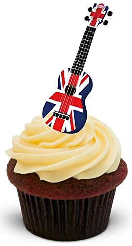 BRITISCHE FAHNE AKUSTIK GITARRE - 12 essbare hochwertige stehende Waffeln Kuchen Toppers - UNION JACK ACOUSTIC GUITAR von JPS