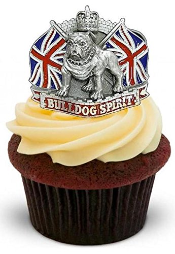 BULLDOG SPIRIT WITH UNION JACKS - 12 Edible Stand Up Premium Wafer Cake Toppers - BULLDOG SPIRIT MIT BRITISCHEN FAHNEN - 12 essbare hochwertige stehende Waffeln Kuchen Toppers. von JPS