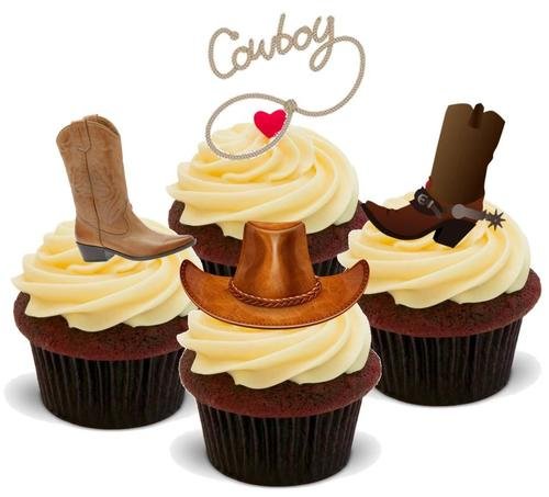 COWBOY MISCHUNG - 12 essbare hochwertige stehende Waffeln Kuchen Toppers - COWBOY MIX von JPS