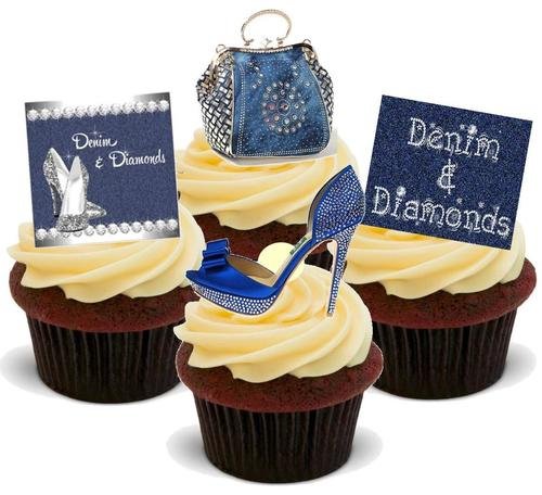 DENIM UND DIAMANTEN MIT SCHUHEN UND HANDTASCHEN PARTYMISCHUNG - 12 essbare hochwertige stehende Waffeln Kuchen Toppers - DENIM & DIAMONDS WITH SHOES HANDBAGS PARTY MIX von JPS