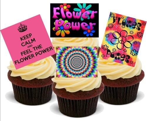 FLOWER POWER 60ER HIPPIE MISCHUNG - 12 essbare hochwertige stehende Waffeln Kuchen Toppers - FLOWER POWER 60S HIPPY MIX von JPS