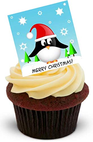 FROHE WEIHNACHTEN PINGUIN KARTE MIT EINEM VERSCHNEITEN SZENE - 12 essbare hochwertige stehende Waffeln Kuchen Toppers - MERRY CHRISTMAS PENGUIN CARD Snow Scene von JPS